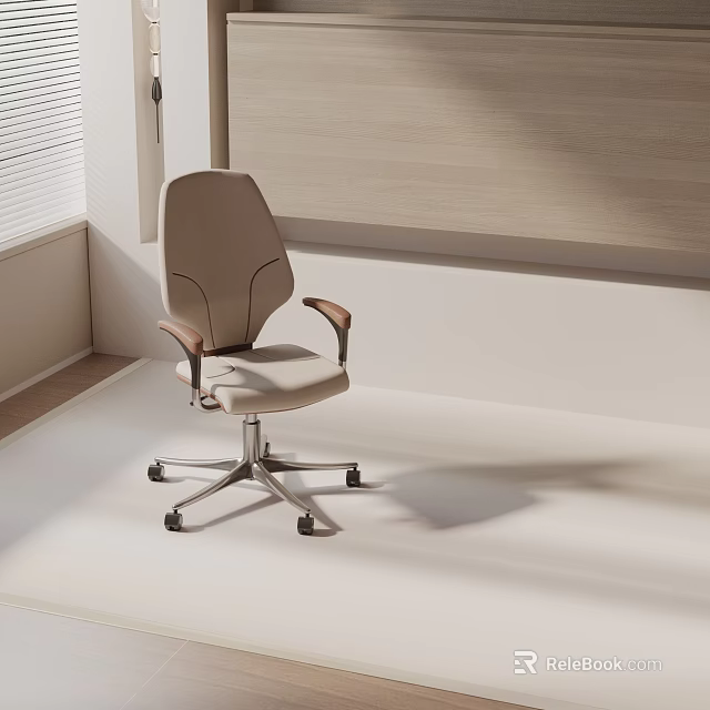 Ergonomic Beige Office Chair With Wooden Armrests And Swivel Base Design 3d model 