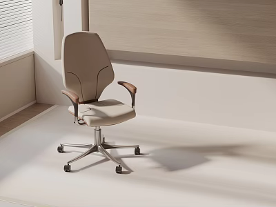 Ergonomic Beige Office Chair With Wooden Armrests And Swivel Base Design 3d model