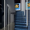 Luxury Hotel Lobby Interior With Reception Desk Red Curtains Digital Screens And Modern Lighting