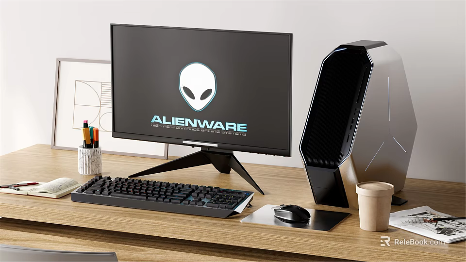 Modern Alienware Desktop Setup With Monitor Tower Keyboard Mouse On Wooden Home Office Desk 3d model 
