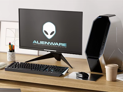 Modern Alienware Desktop Setup With Monitor Tower Keyboard Mouse On Wooden Home Office Desk 3d model