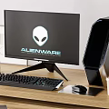 Modern Alienware Desktop Setup With Monitor Tower Keyboard Mouse On Wooden Home Office Desk