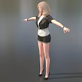 Blonde Game Movie Character in Black Jacket White Top Black Shorts Arms Outstretched Gray Background