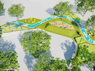 Vibrant Outdoor Playground With Lush Green Lawn Shaded Trees Walking Paths And Play Equipment 3d model