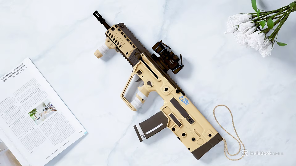 Modern Beige Tactical Rifle With Scope Grip Magazine And White Flowers On Marble Countertop 3d model 