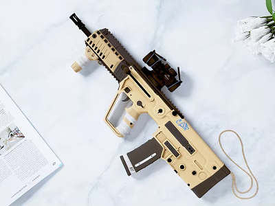 Modern Beige Tactical Rifle With Scope Grip Magazine And White Flowers On Marble Countertop 3d model