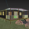 Modern Wooden House with Covered Porch Railing Wooden Deck Steps and Green Grass