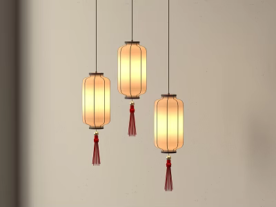 Three Traditional Hanging Lanterns With Fabric Shades And Red Tassels In Indoor Space 3d model