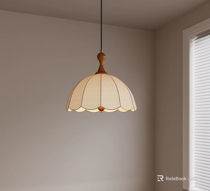 Stylish Pendant Light With Wooden Top And Cream Pleated Lampshade In Light Wall Room 3d model 