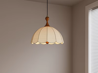 Stylish Pendant Light With Wooden Top And Cream Pleated Lampshade In Light Wall Room 3d model