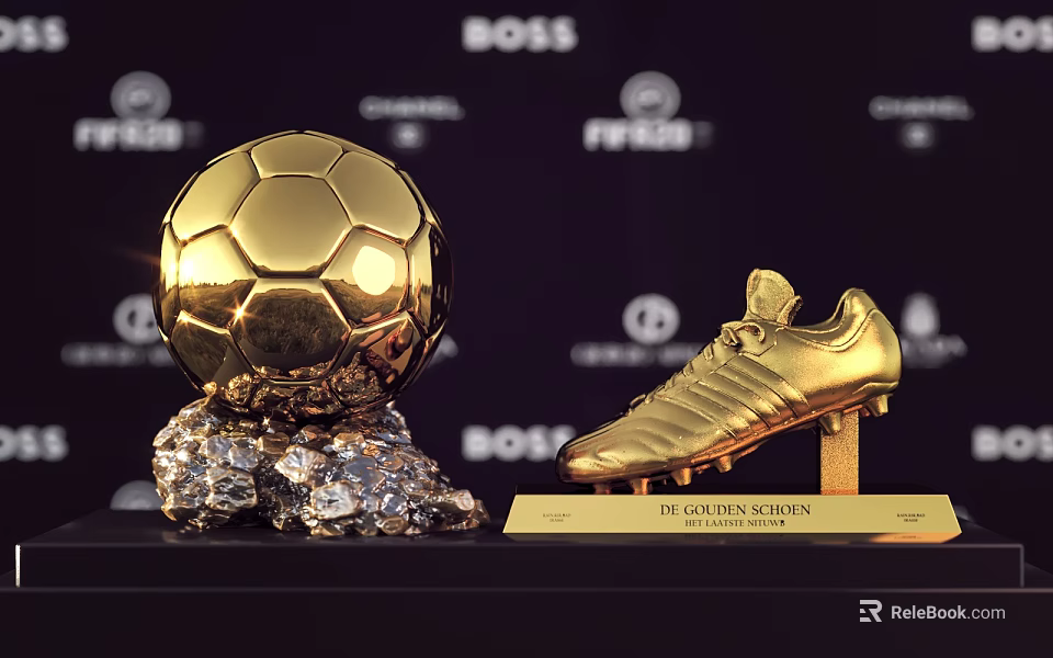 Golden Football Trophy And Soccer Shoe Award Display For FIFA Football Awards With Luxury Background 3d model 