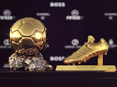 Golden Football Trophy And Soccer Shoe Award Display For FIFA Football Awards With Luxury Background 3d model