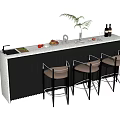 Modern Bar Counter Design With Stone Top Potted Plant Fruits Wine Bottles And Stools
