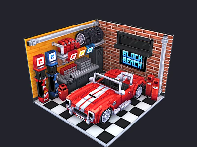 Cartoon Garage Scene Featuring Red Convertible Car Black White Checkered Floor Brick Wall and Tools 3d model