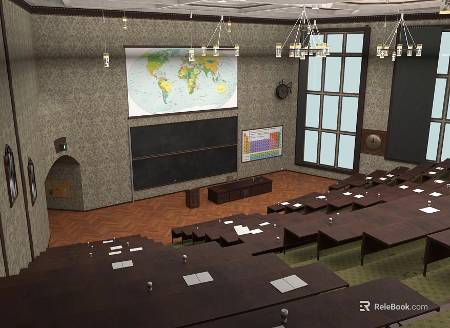 Classroom Interior With World Map Blackboard Multiple Desks Chandeliers Windows And Wall Paintings 3d model 