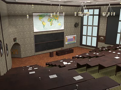 Classroom Interior With World Map Blackboard Multiple Desks Chandeliers Windows And Wall Paintings 3d model