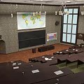 Classroom Interior With World Map Blackboard Multiple Desks Chandeliers Windows And Wall Paintings