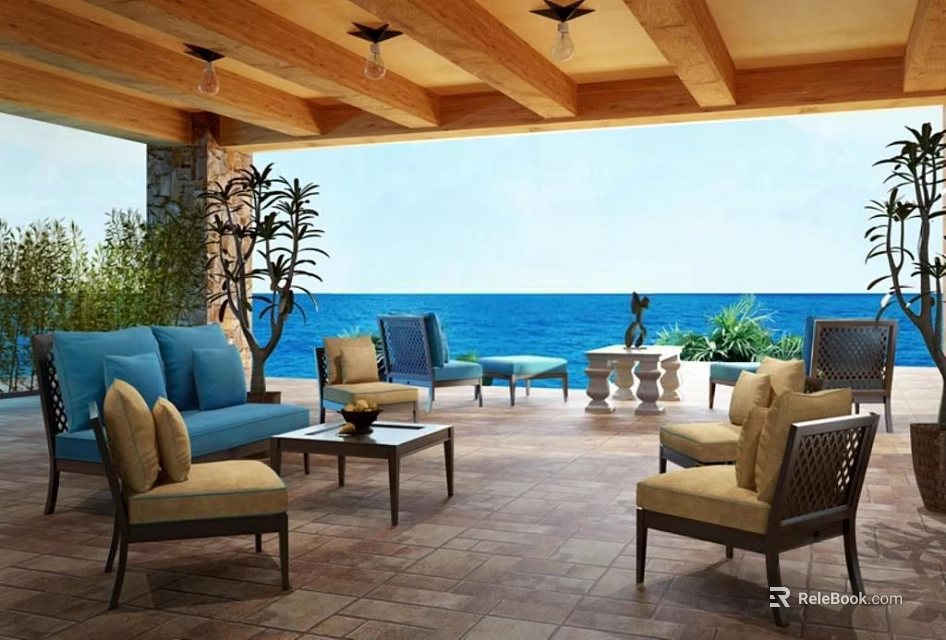 Outdoor Sofa on Covered Patio with Ocean View Accent Chairs Coffee Table and Plants 3d model 