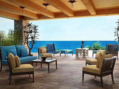 Outdoor Sofa on Covered Patio with Ocean View Accent Chairs Coffee Table and Plants 3d model
