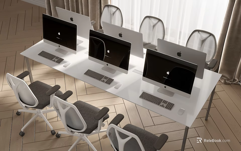 Modern Office Desk Workspace With Multiple iMac Monitors And Ergonomic Office Chairs 3d model 