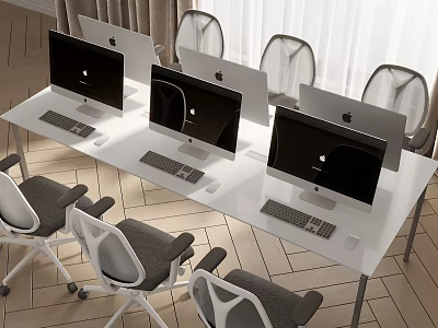 Modern Office Desk Workspace With Multiple iMac Monitors And Ergonomic Office Chairs 3d model