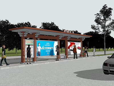 Urban Bus Stop Featuring Roof Structure Billboards People Waiting And Green Trees 3d model