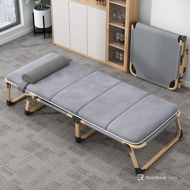 Gray Foldable Bed with Wooden Frame and Folded Storage Design in Room 3d model 