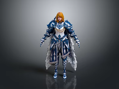 Fantasy Woman Character In Blue And White Detailed Armor With Golden Hair Standing Pose 3d model