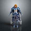 Fantasy Woman Character In Blue And White Detailed Armor With Golden Hair Standing Pose