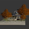 Cartoon Forest Scene Featuring Log Cabin Blue Roof Orange Trees Car Grass And Stones