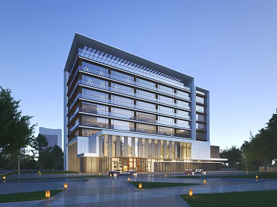 Modern High Rise Residential Building With Glass Curtain Walls Landscaped Area And Grand Entrance 3d model