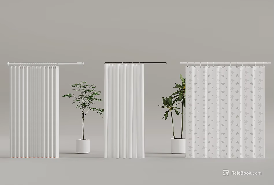 Different Types of Window Curtains with Potted Plants in Home Decor Setup 3d model 