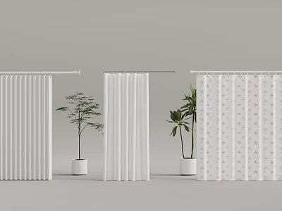 Different Types of Window Curtains with Potted Plants in Home Decor Setup 3d model