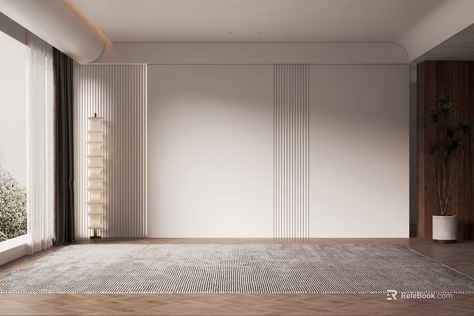 Modern Sofa Backdrop Wall With White Textured Panels Wooden Accents Floor Lamp And Patterned Rug 3d model 
