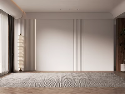 Modern Sofa Backdrop Wall With White Textured Panels Wooden Accents Floor Lamp And Patterned Rug 3d model