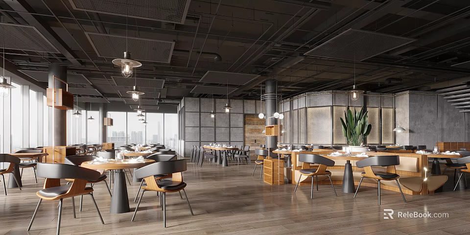 Modern Restaurant Interior With Wooden Floors Metal Pendant Lights And Green Plants 3d model 