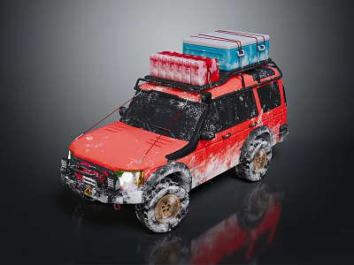 Winter Red SUV With Snow Covered Body And Luggage On Roof Rack 3d model