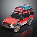 Winter Red SUV With Snow Covered Body And Luggage On Roof Rack