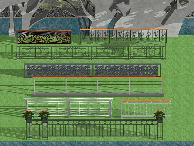 Various Decorative Metal Fences With Carved Designs And Flower Pots On Grass 3d model