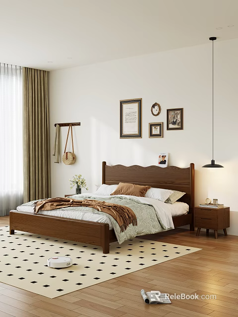 Wooden Double Bed with Cozy Bedding White Brown Linens Wall Art Nightstand and Hanging Lamp 3d model 