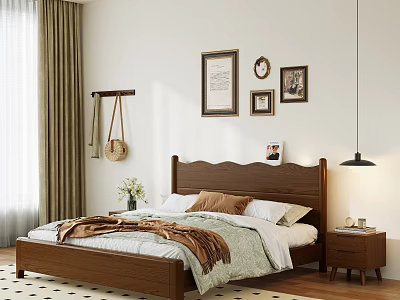 Wooden Double Bed with Cozy Bedding White Brown Linens Wall Art Nightstand and Hanging Lamp 3d model