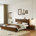Wooden Double Bed with Cozy Bedding White Brown Linens Wall Art Nightstand and Hanging Lamp