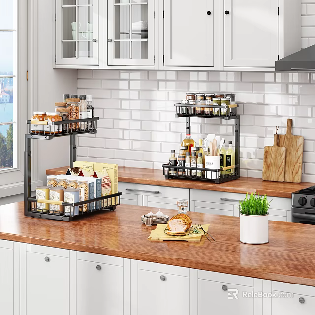 Multi Tier Kitchen Countertop Rack With Spices And Organized Food Items 3d model 