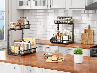 Multi Tier Kitchen Countertop Rack With Spices And Organized Food Items 3d model