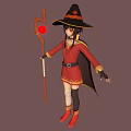 3D Witch Character Wearing Red Robe Black Hat Holding Staff With Red Orb