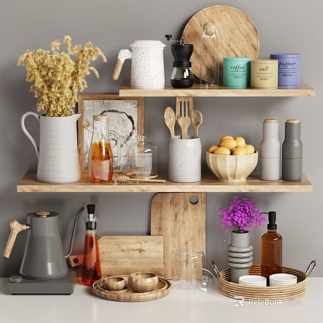 Home Decor Shelves Featuring Dried Flowers Vase Jars Fruits And Utensils 3d model 