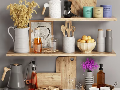 Home Decor Shelves Featuring Dried Flowers Vase Jars Fruits And Utensils 3d model