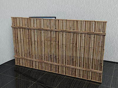 Bamboo Room Divider with Vertical Slats in Interior Featuring Textured Wall Black Tiled Floor 3d model