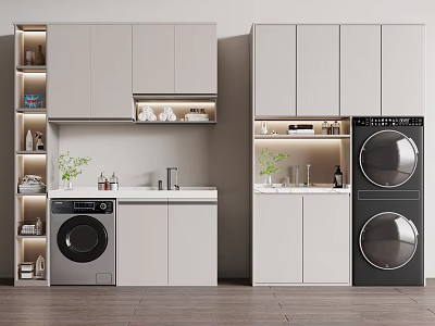 Modern Bathroom Cabinetry With Built in Washing Machine Gray Storage Cabinets LED Lighting And Countertop Accessories 3d model