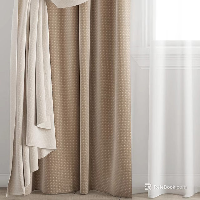 Modern Beige Brown Textured Curtains With Sheer Panels For Window Decoration 3d model 